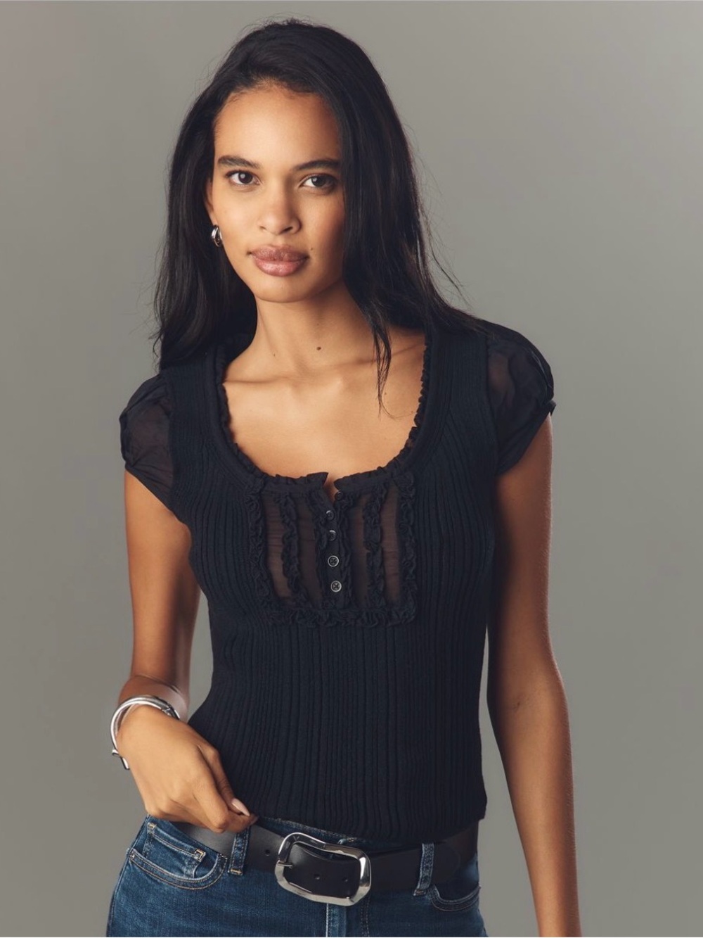 NWT Anthropologie Maeve Scoop-Neck Ruffle Knit Top Size M